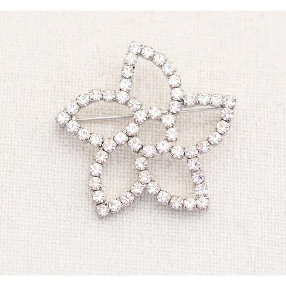 Vintage Art Nouveau Star Flower Silver Tone Rhinestones Brooch - A11 - Picture 1 of 2